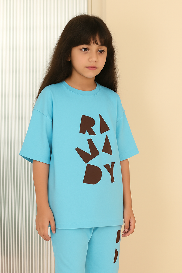 طقم أطفال قطني فضفاض بأكمام قصيرة - أزرق سماوي -